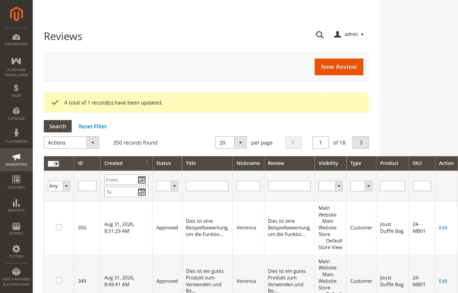 Reviews grid with approved reviews
