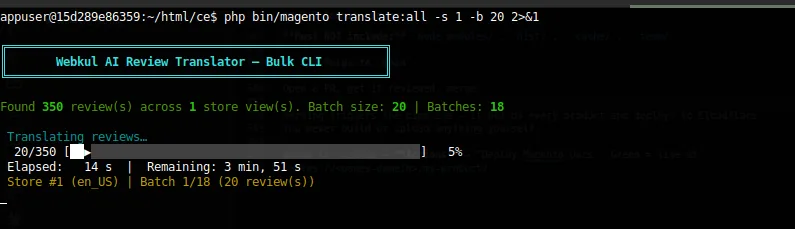 The bulk CLI command running with a batch size and a store filter