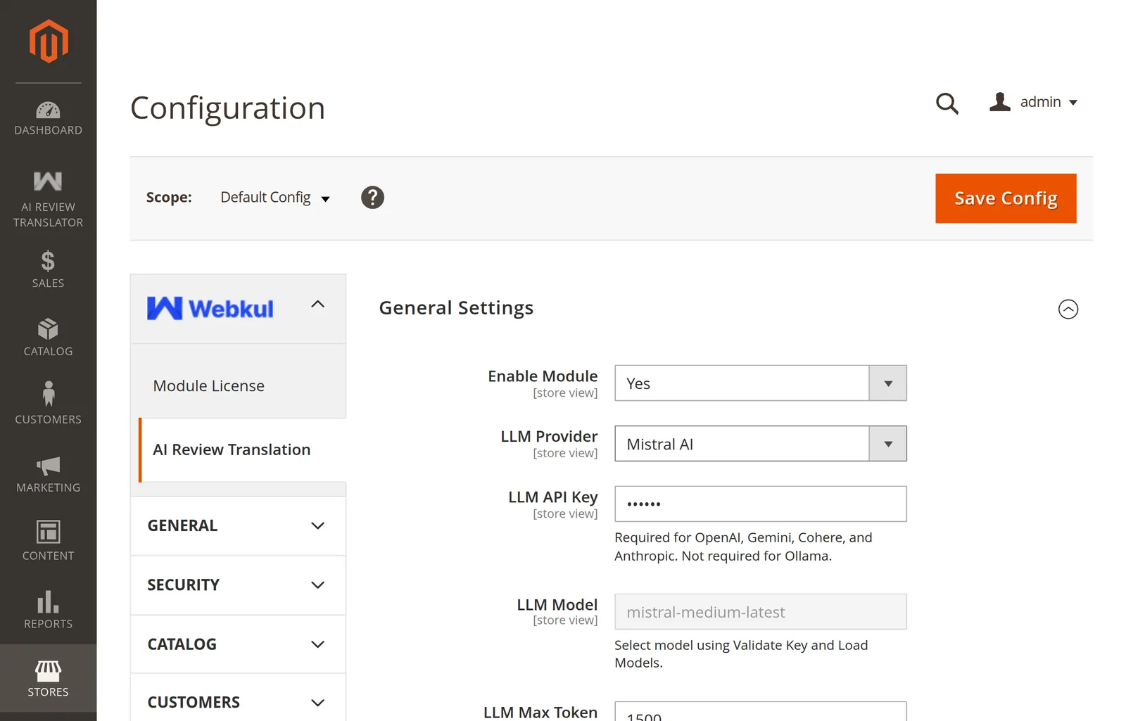 General settings with a provider selected and a key entered