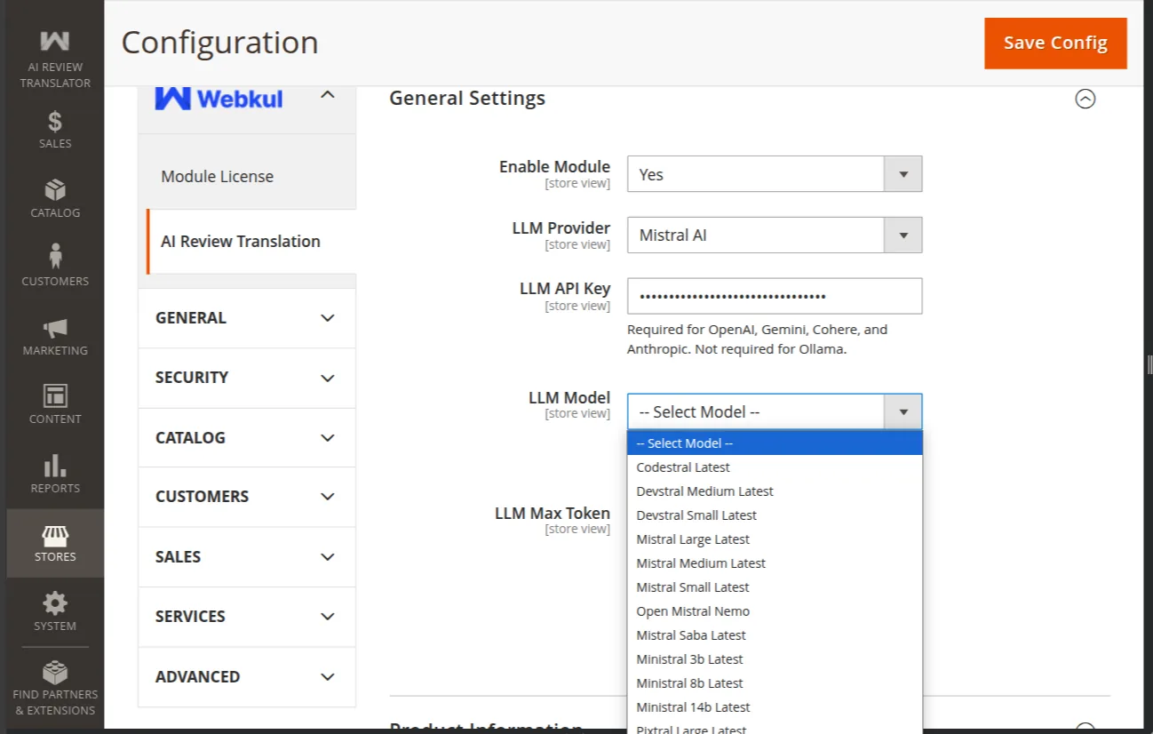 The model dropdown after validation