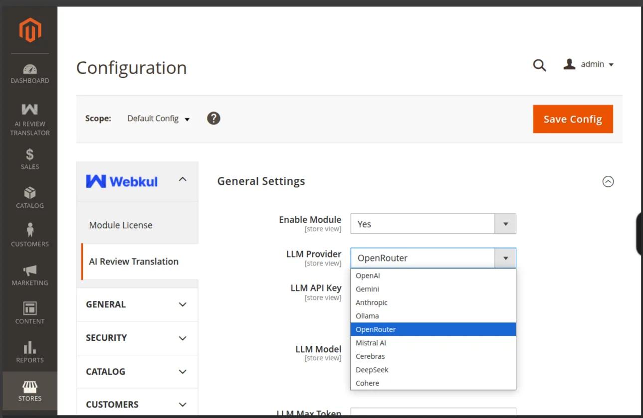 The LLM Provider dropdown listing all nine providers