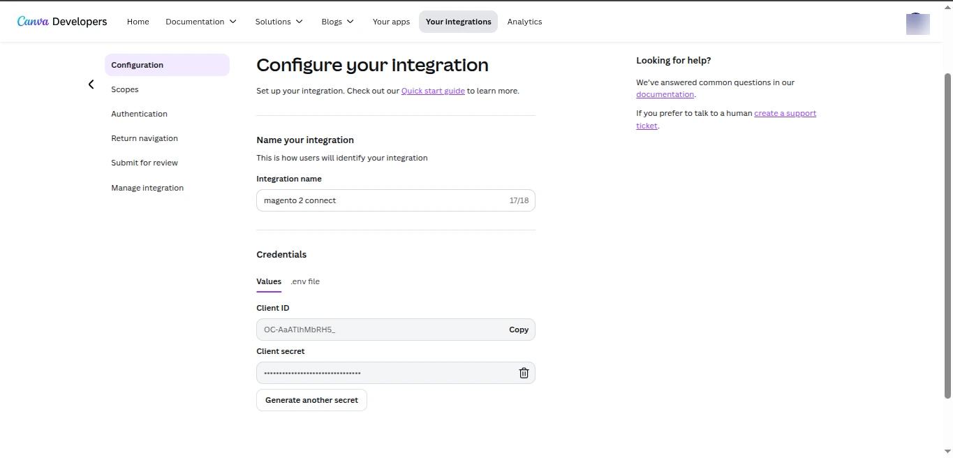 Canva Connect Integration Credentials Client ID and Secret