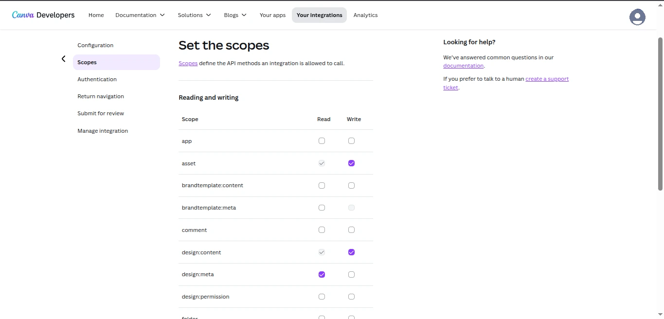 Setting Scopes for Canva Connect Integration