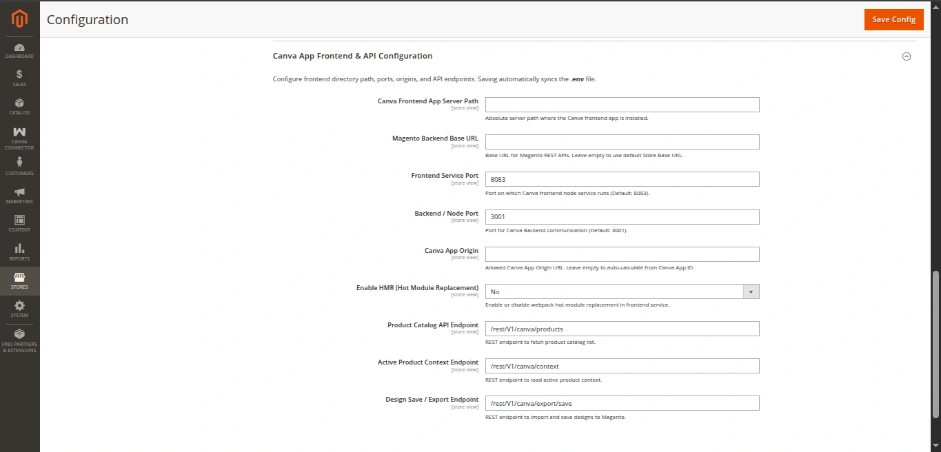 Canva App Frontend and API Configuration in Magento Admin