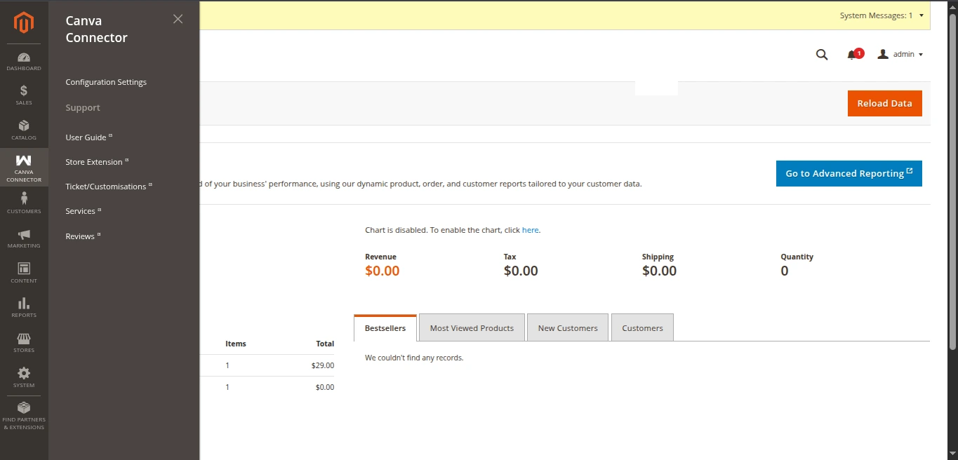 Magento Admin Canva Connector Menu Navigation