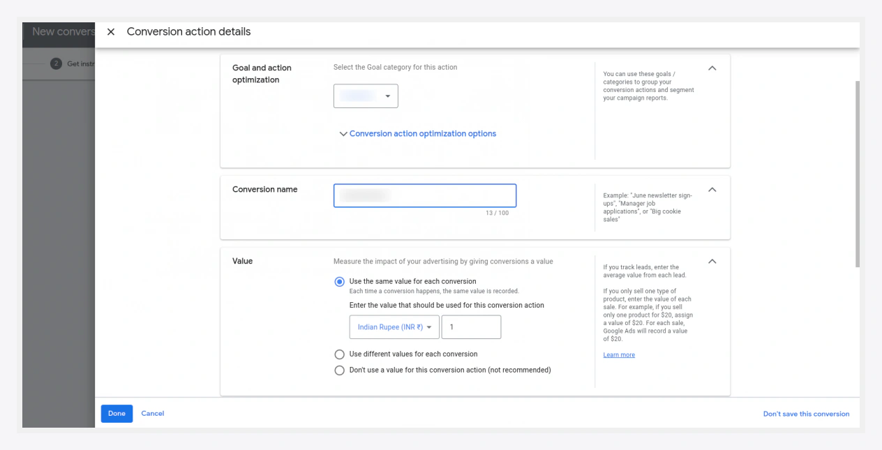 Enter the conversion action details