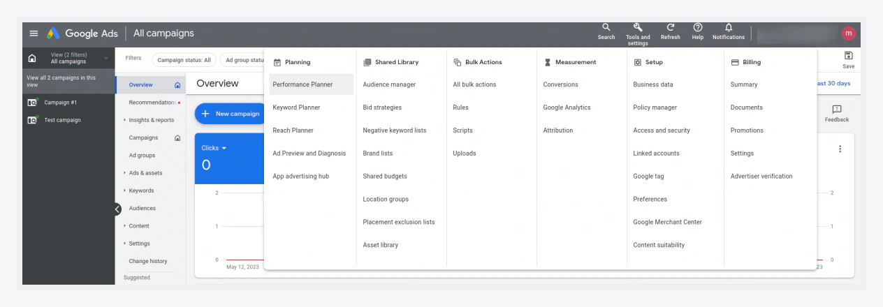Google Ads Tools and settings menu