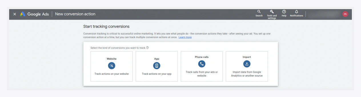 Select Website as the conversion source