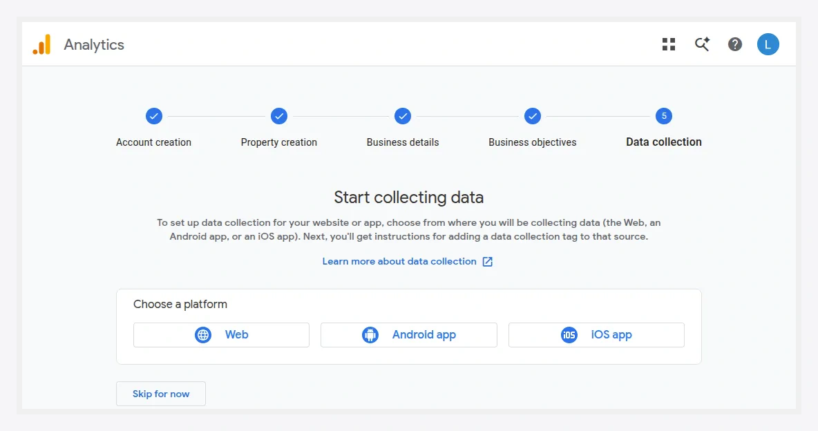 Start collecting data — choose Web