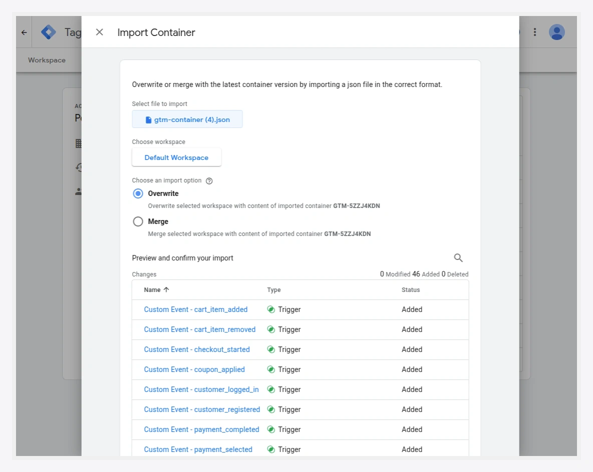 Import as a new workspace, overwrite