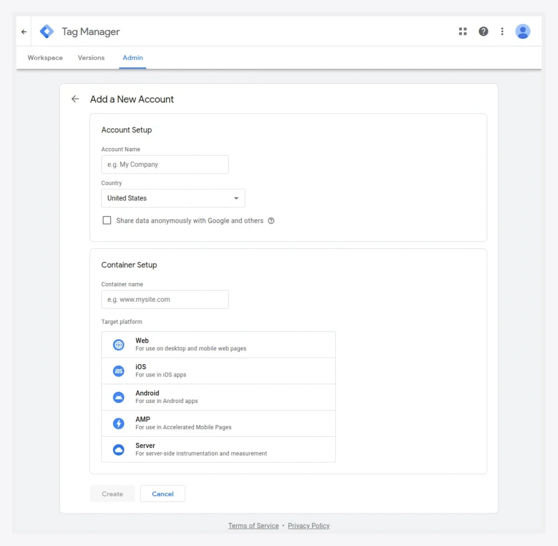 Create a GTM account and Web container