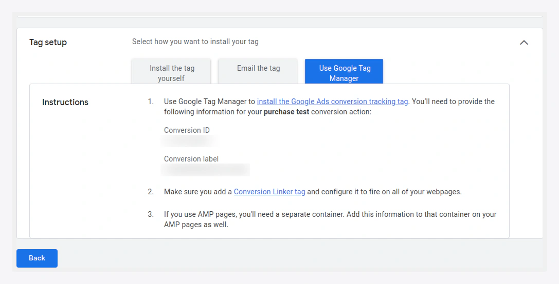 Find the Google Ads conversion ID and label