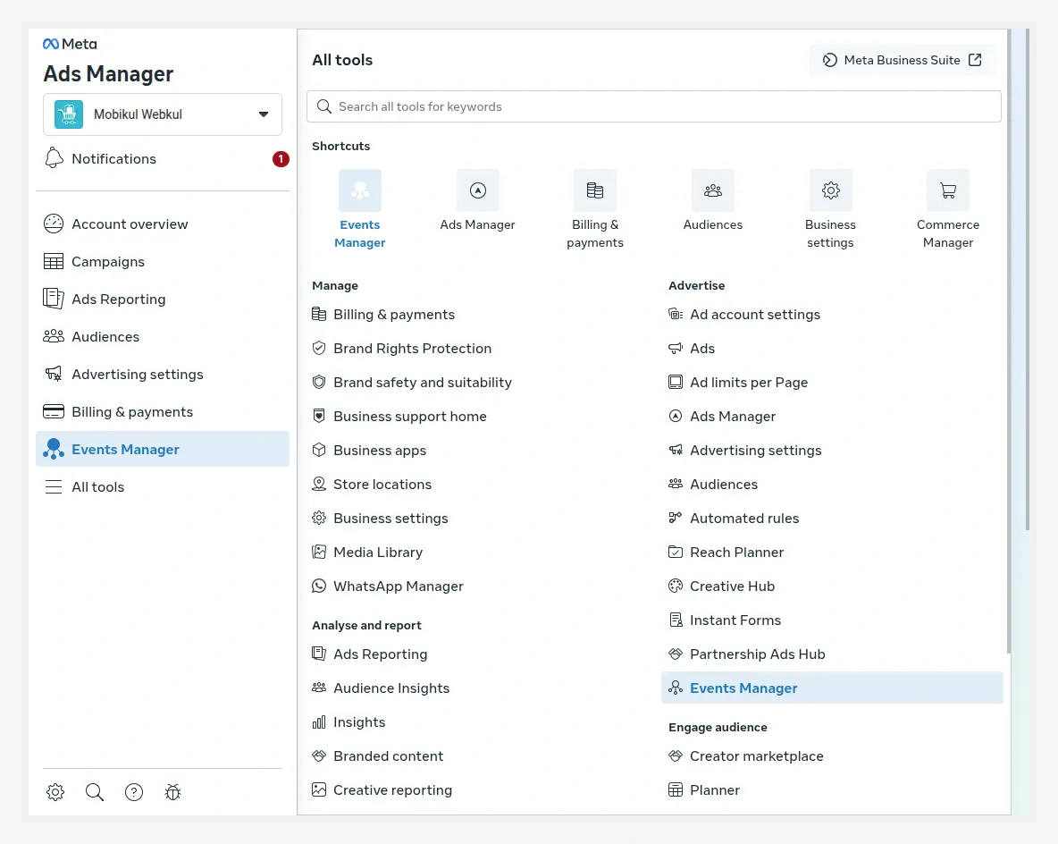 Meta Events Manager home