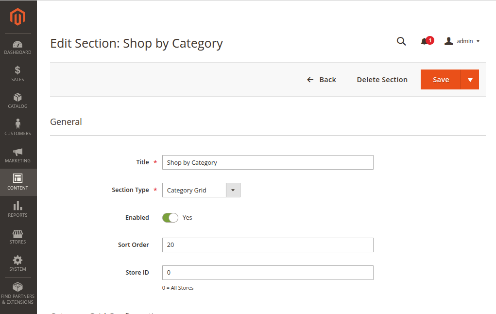 Magento Admin Edit Section page for Category Grid