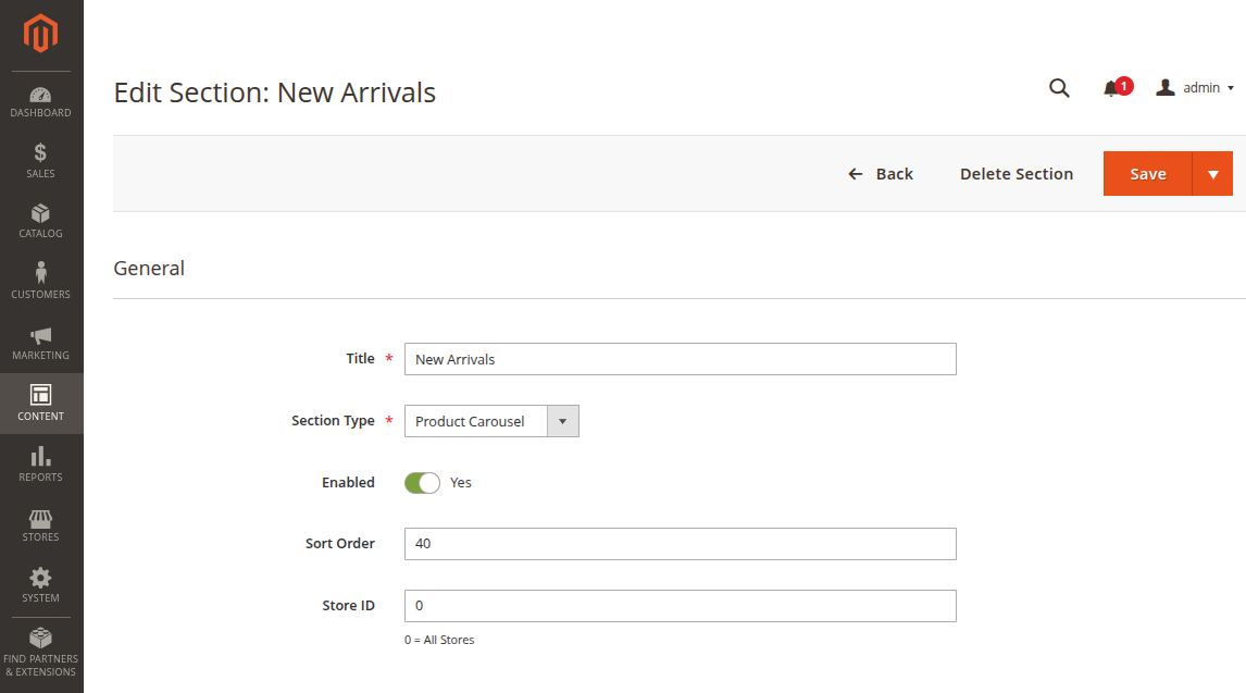 Magento Admin Edit Section page for Product Carousel