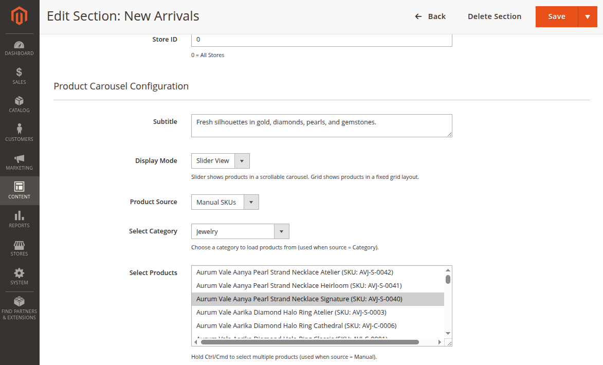 Magento Admin Product Carousel source settings