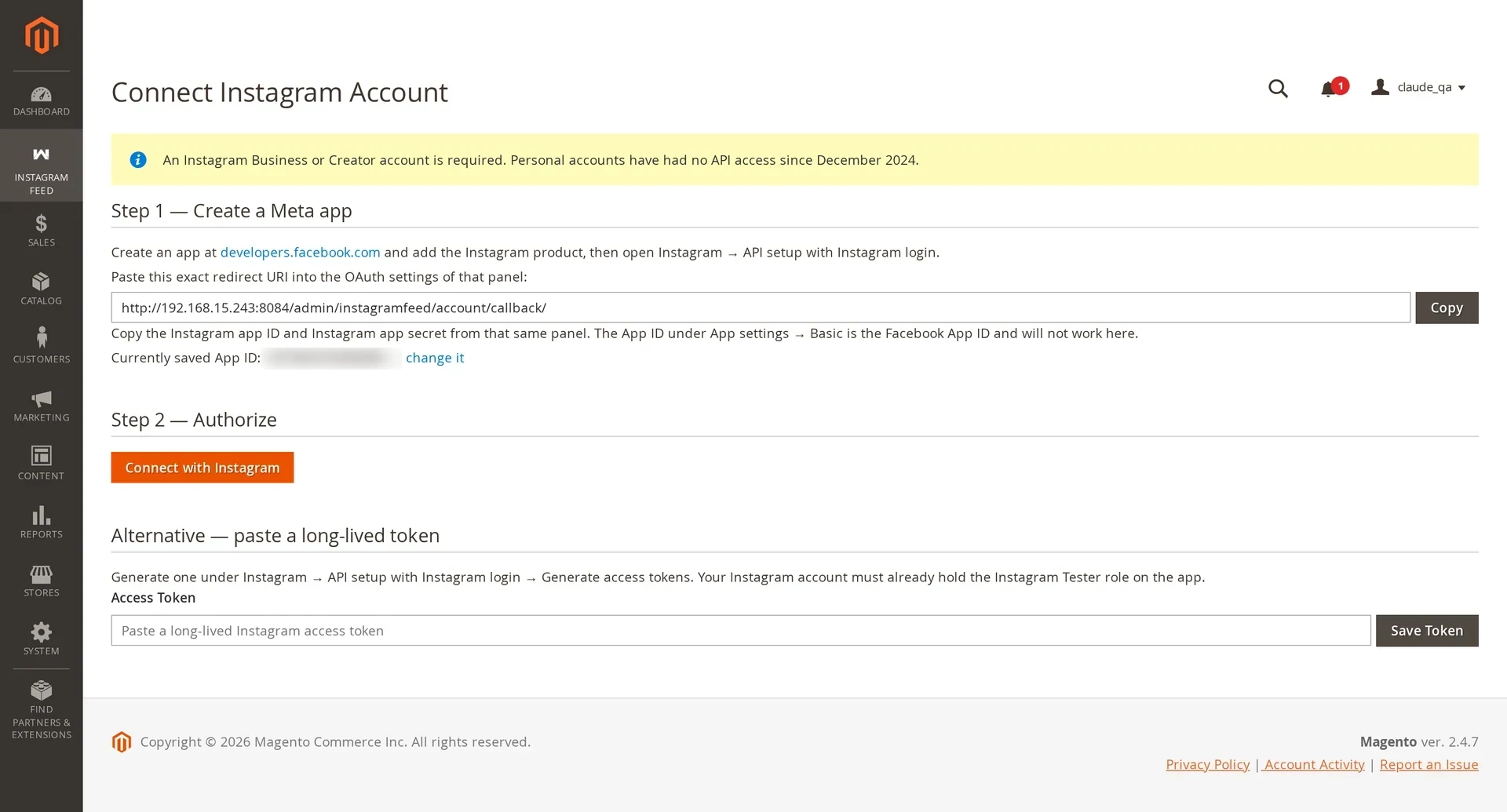 The Connect Instagram Account screen showing the redirect URI, the Connect with Instagram button and the long-lived token field