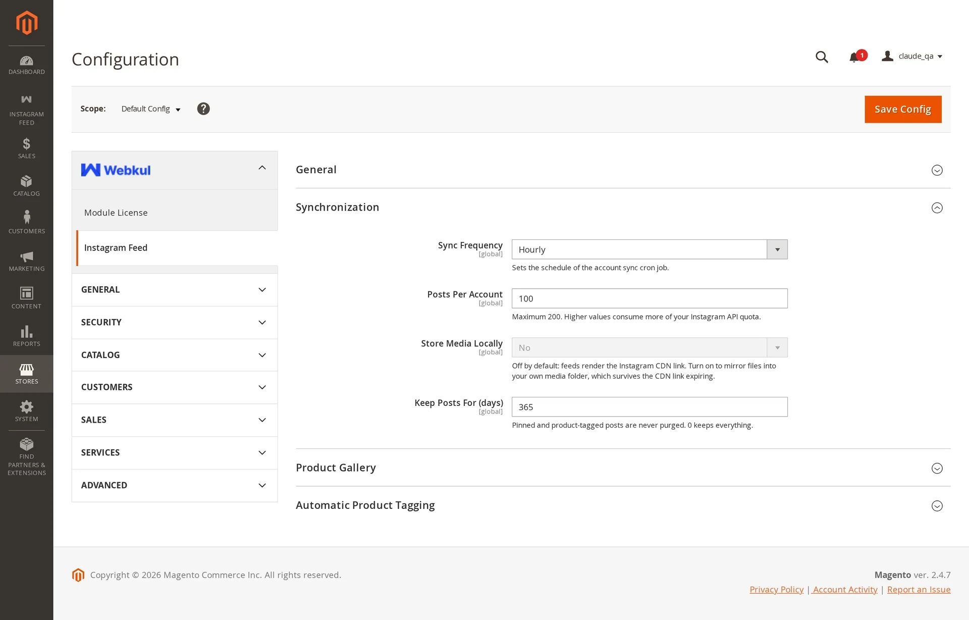The Instagram Feed configuration section with the General, Synchronization and Automatic Product Tagging groups expanded