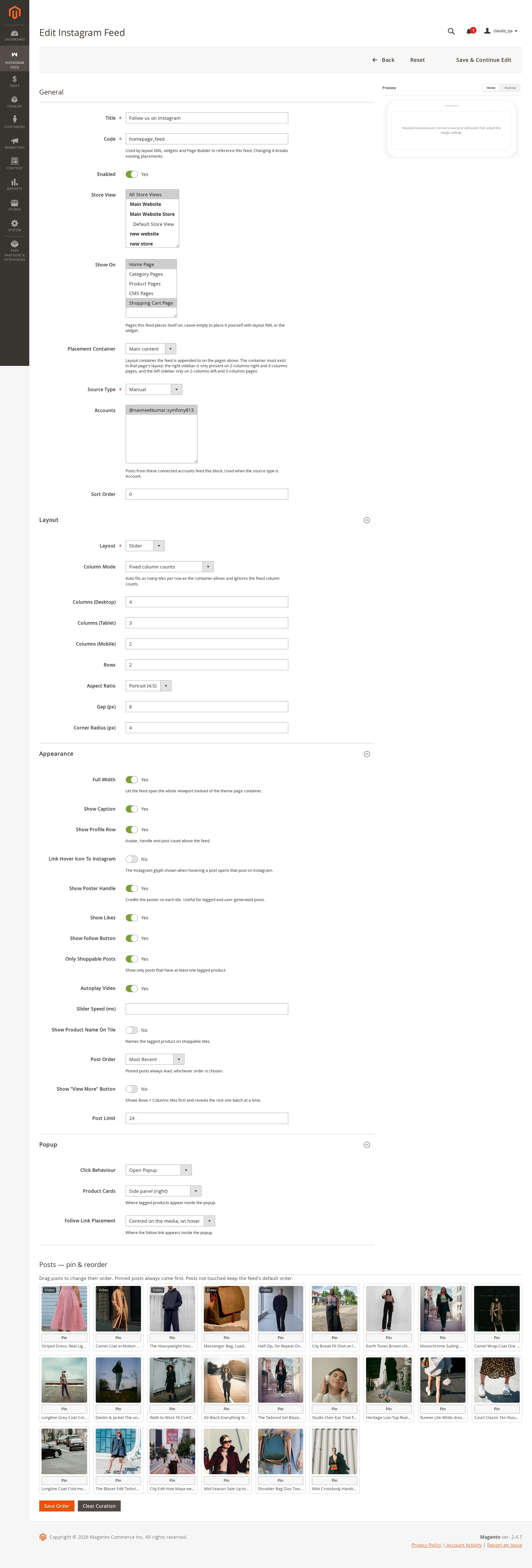 The Posts — pin and reorder panel on the feed edit screen, with Save Order and Clear Curation buttons