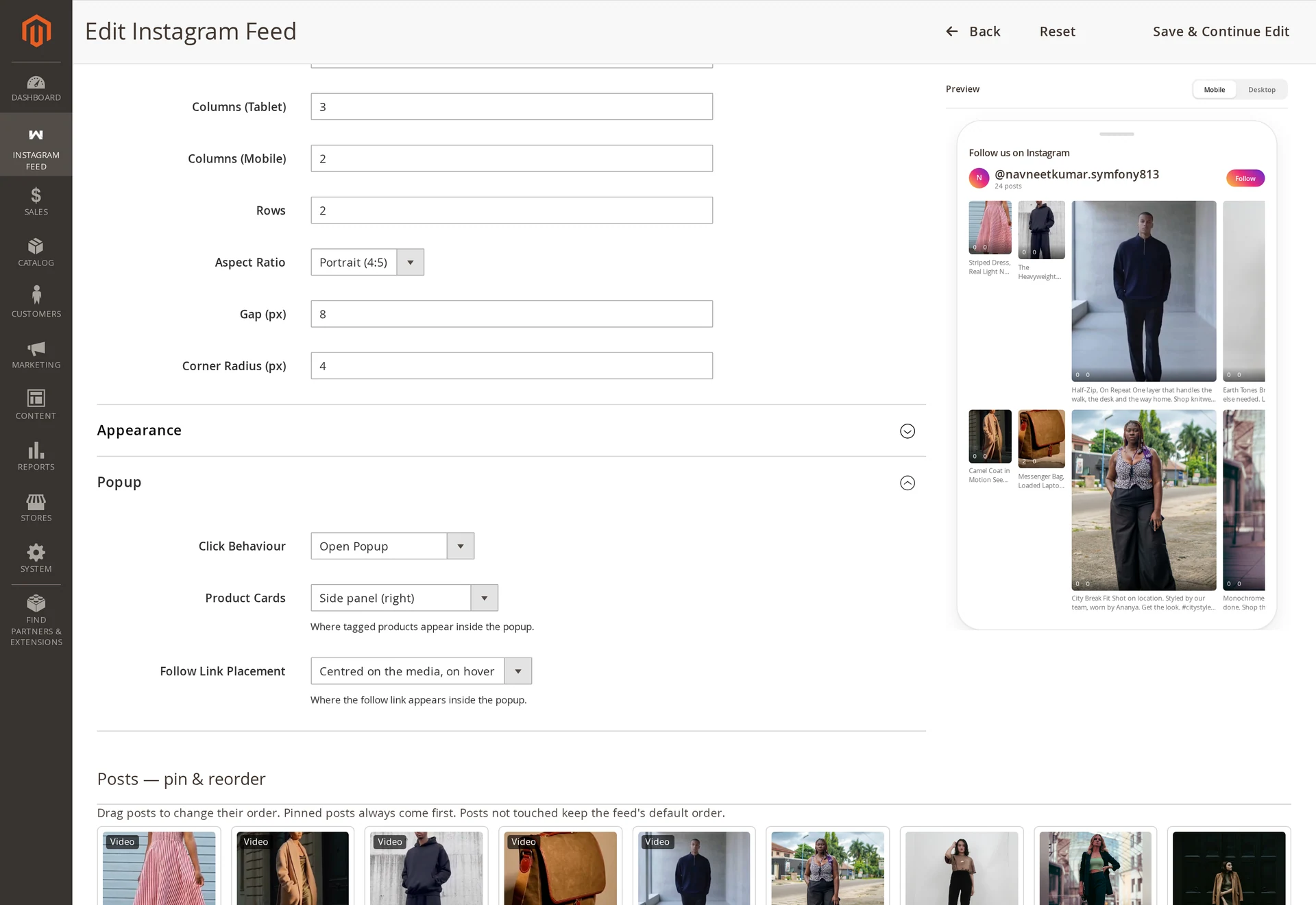 The Appearance section of the feed form with full width, caption, profile row, likes, follow button, autoplay and post limit toggles
