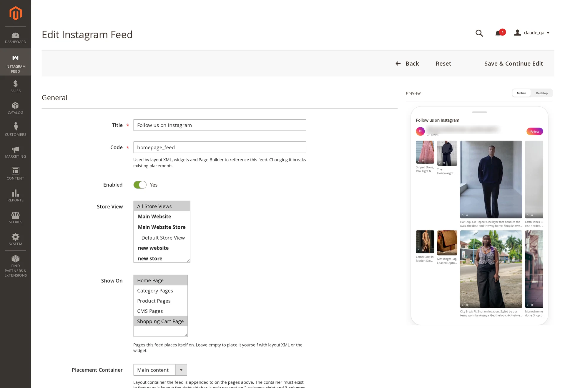 The General section of the feed form with title, code, enabled toggle, store view, Show On pages, source type and accounts