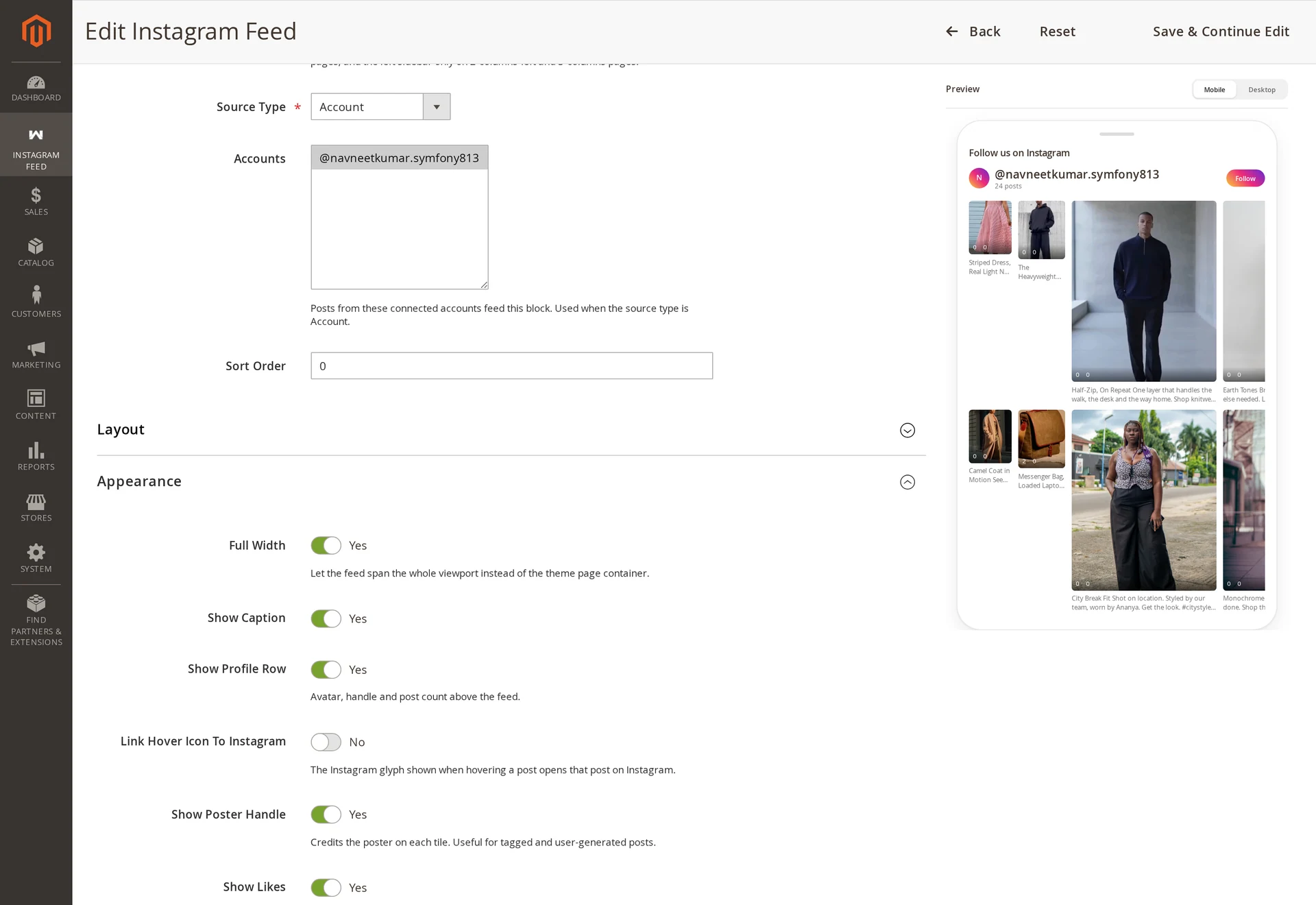 The Layout section of the feed form with layout, column mode, per-device column counts, rows, aspect ratio, gap and corner radius