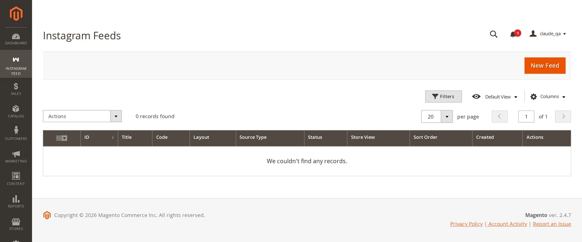The Feeds grid listing two feeds with their code, layout, source type and status