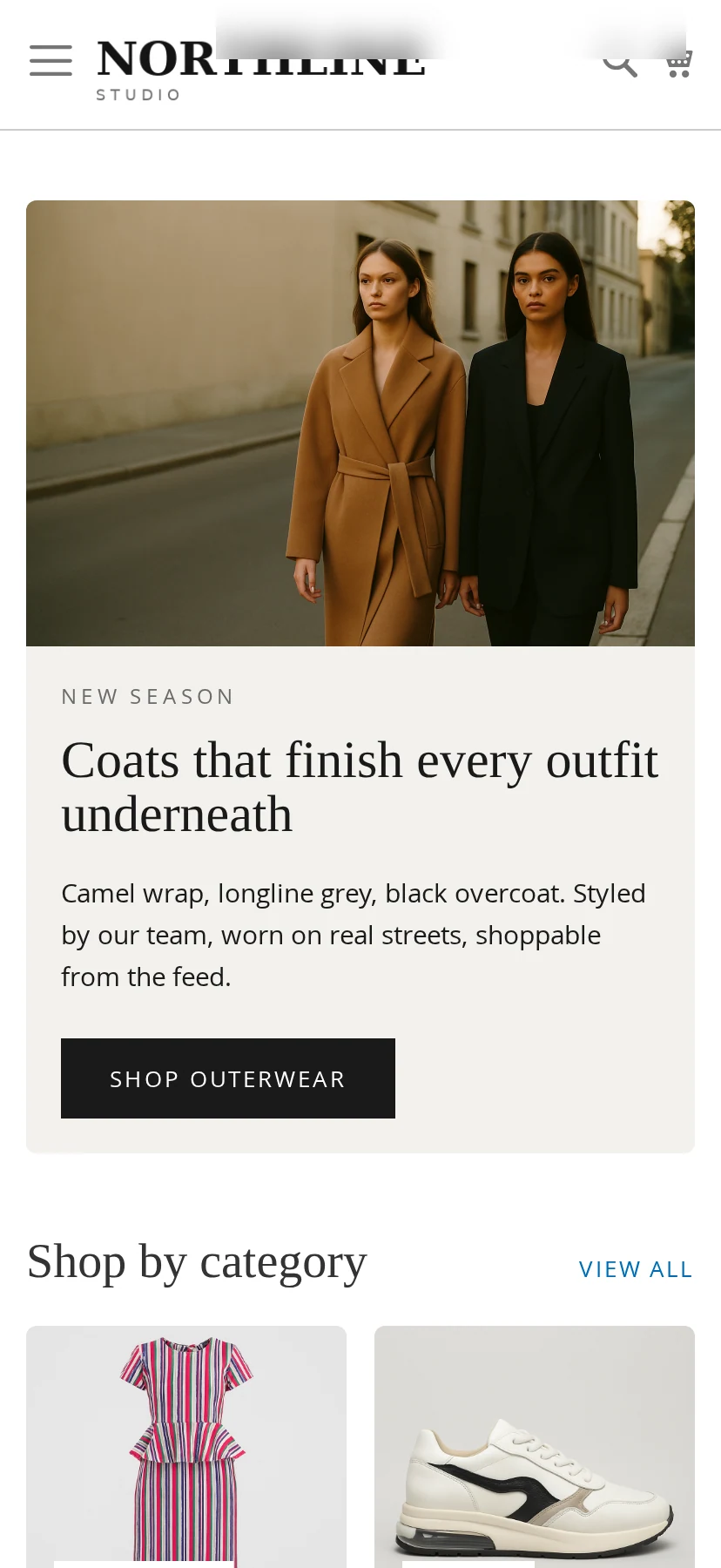 The same feed at mobile width, two tiles per row with the slider arrows overlaid