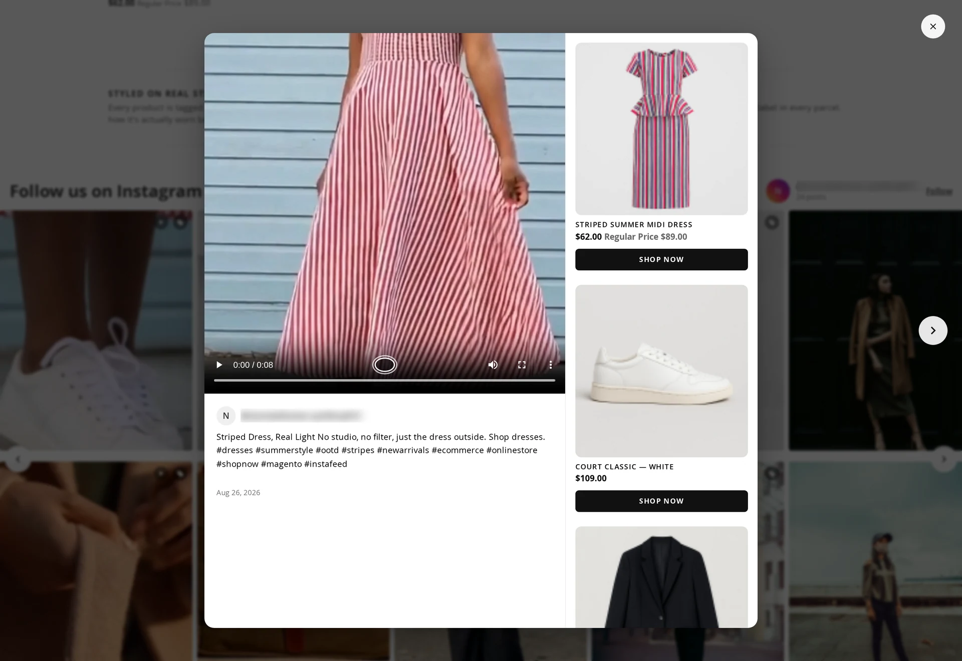 A shoppable popup: the post on the left, tagged products with price and a Shop Now button on the right