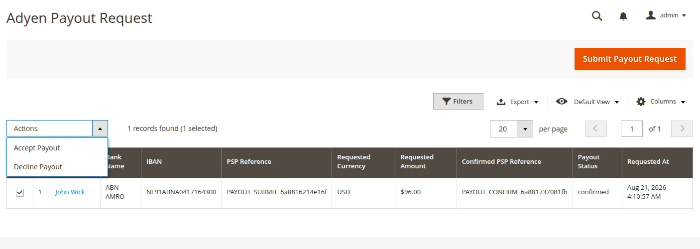 Admin Adyen Payout Requests Grid