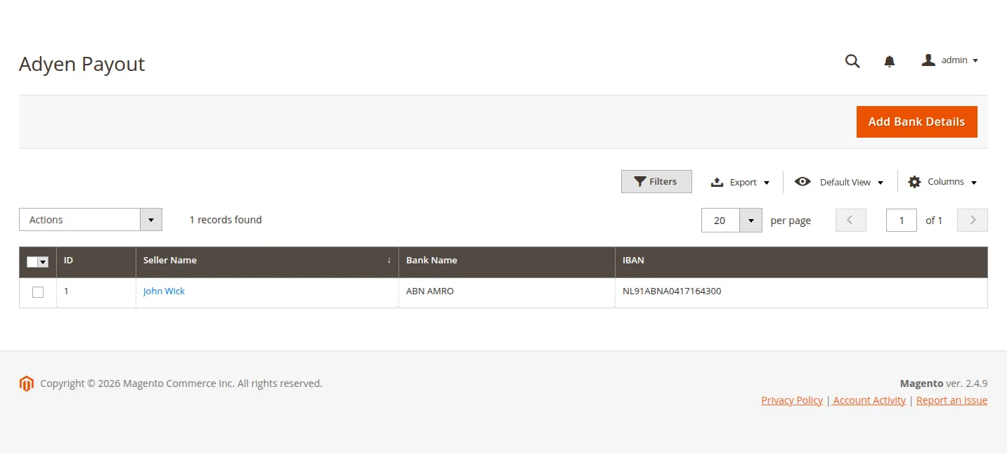 Seller Adyen Bank Details