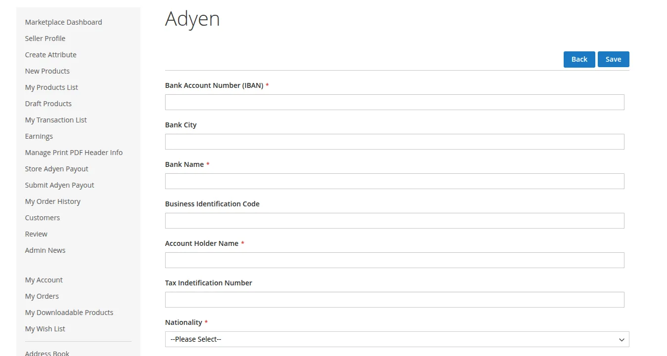 Seller Adyen Bank Details Required Fields