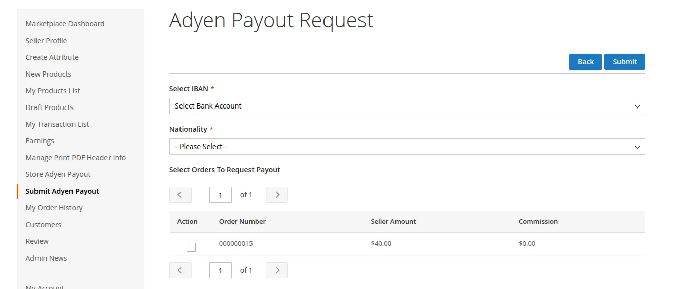 Seller Payout Withdrawal Request Panel