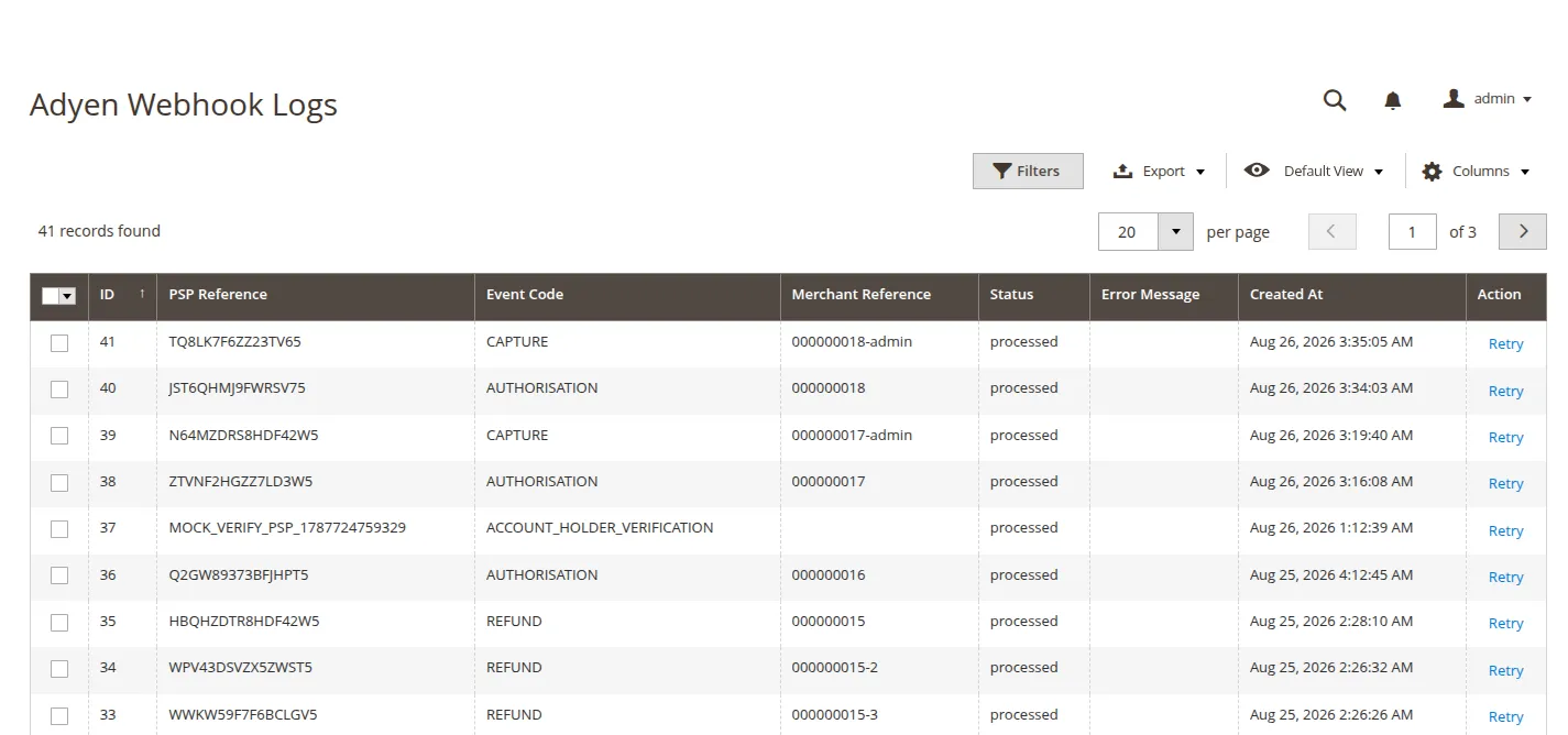 Admin Webhook Logs Grid