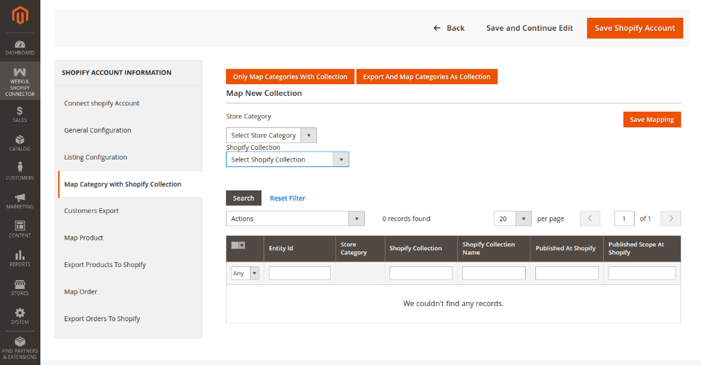 Map Category with Shopify Collection Tab