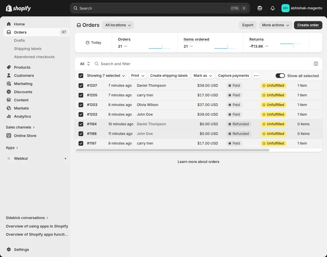 Shopify Orders List