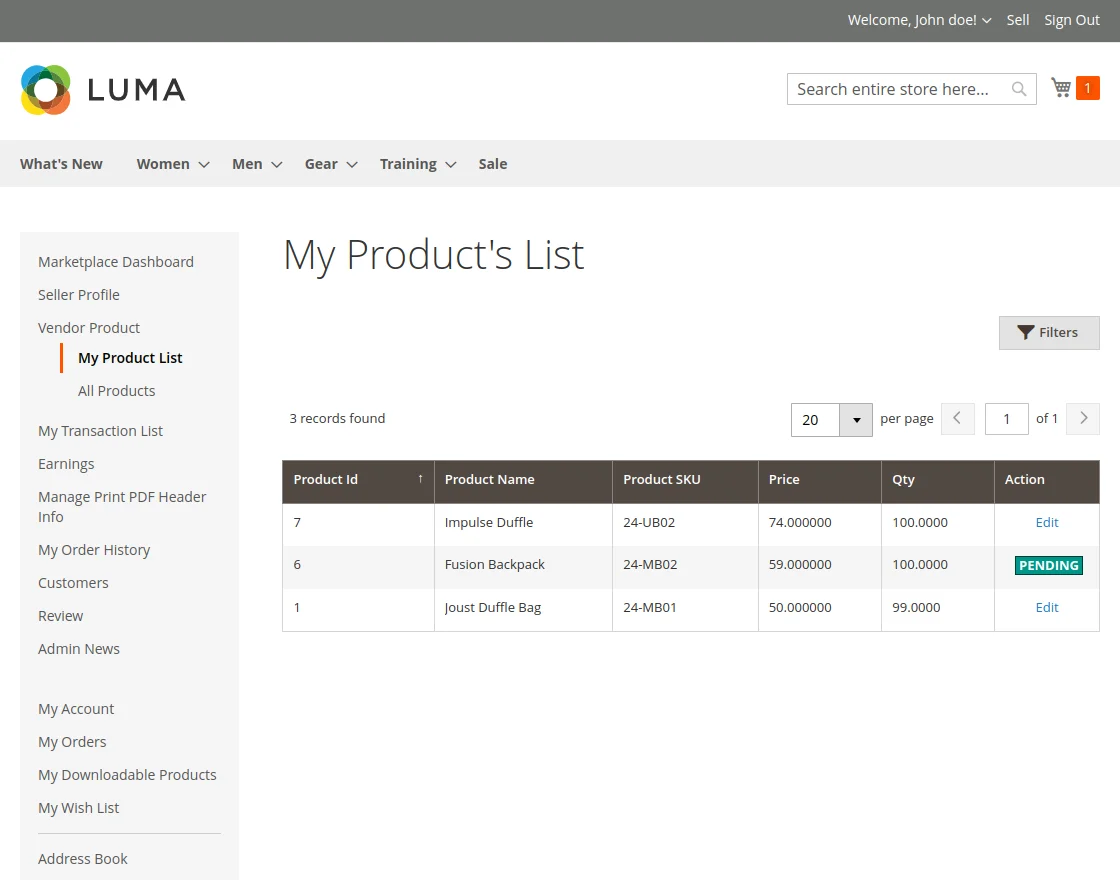 Vendor Product List